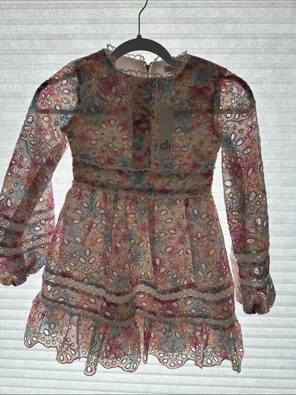 Gianni Bini Pastel Pink Blue Cream Floral Eyelet Long-Sleeve Dress